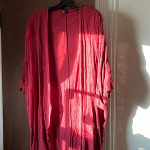 Long Open Cardigan with Short Sleeves in Rusted Red